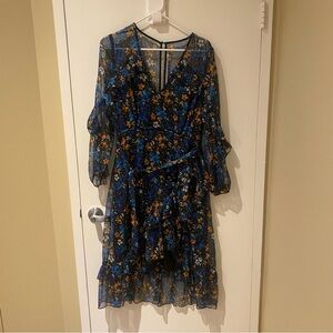 TALULAH Blue and Orange Ruffled Tiered Long Sleeve Dress